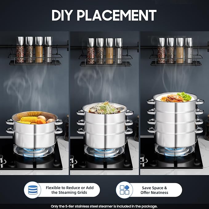 5-Tier Stainless Steel Steamer, 11 Inch Commercial Multi Tier Stainless Steel Cookware Pot Vegetable Meat Steamer Cooker Set w/Glass Lid for Steaming Shrimp & Miscellaneous Grains