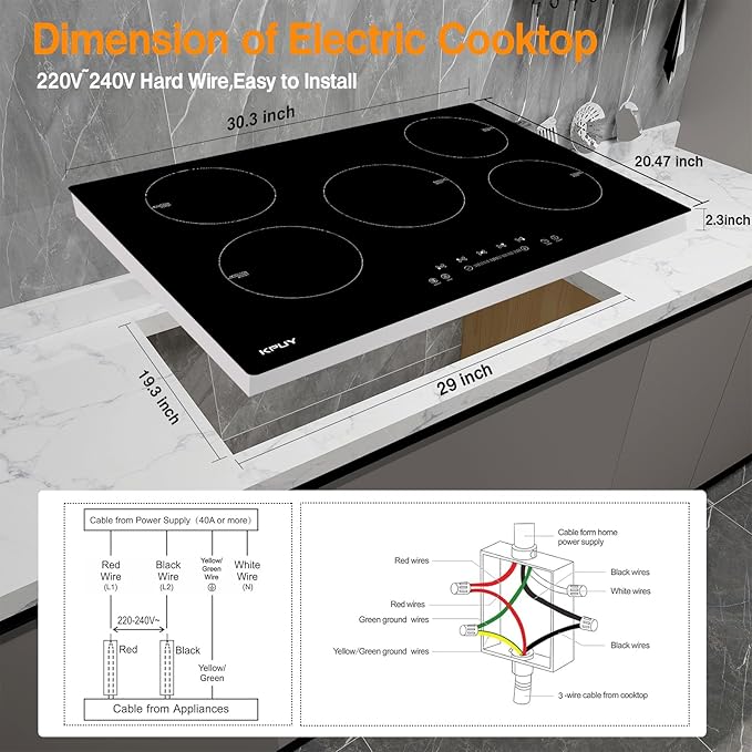 KPUY Induction Cooktop 30 Inch with 5 Burner, Electric Burner 220-240V, 7400W Electric cooktop with 9 Power Levels, Child Safety Lock & Timer, 30'' Induction Cooktop Hard Wire(No Plug)