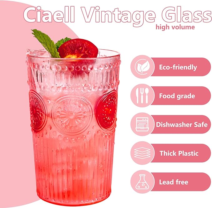 Ciaell 12 Pack Romantic Plastic Water Glasses - 14 Oz Pink Vintage Drinking Glasses, Embossed Ribbed Plastic Cups, Textured Striped Set for Juice, Beverages, Beer, Cocktail & Mother's Day