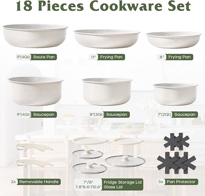 SODAY 18 Pcs Pots and Pans Set Non Stick, Cookware Sets with Detachable Handle, Nonstick RV Kitchen Cooking Tools Removable Handles, Oven Safe, Induction Fast, Stackable Induction Cookware, White