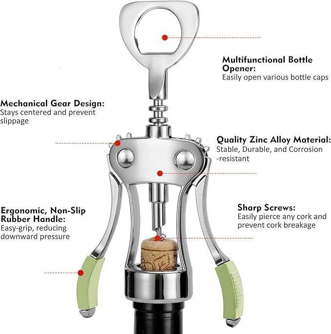 KORCCI Wine Opener, Heavy-Duty Zinc Alloy Wing Corkscrew, Premium Beer Bottle Opener, Multifunctional Wine Accessories with Ergonomic Handle and Sharp Screw, for Kitchen, Bar, Restaurant (GREEN)