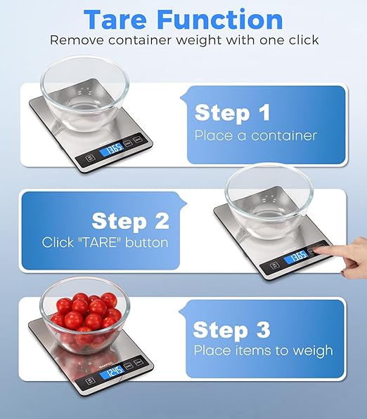 Food Scale - 15kg/33lb Rechargeable Digital Kitchen Scale with Full-View LCD Display, Grams and Ounces, Type-C or Batteries, Easy Clean Stainless Steel, for Baking, Cooking & Meal Prep, Black
