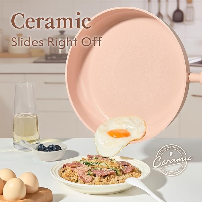 CAROTE Ceramic Cookware Set Nonstick, 9pcs Pots and Pans Set Non stick, Non-Toxic & PFAS-Free,Dishwasher, RV/Camping Cookware Set,Sauce Pan with Lid, Pink