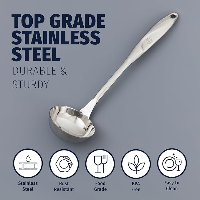 Zulay Kitchen Stainless Steel Soup Ladle - 13” Large Ladle for Soups, Stews & Sauces - Durable, Heat-Resistant, Rust-Proof & Dishwasher Safe Kitchen Utensil with Ergonomic Handle