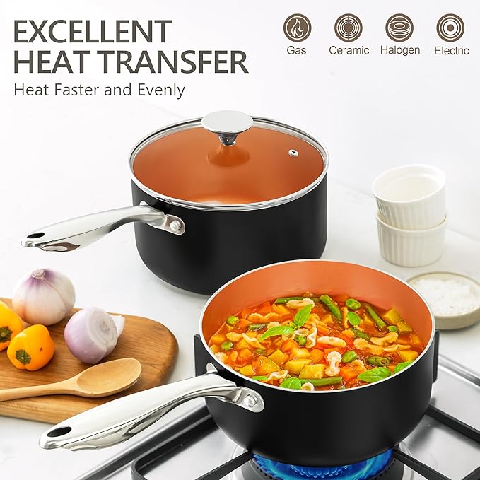 MICHELANGELO Nonstick 2 Quart Sauce Pan with Lid, Ultra-Nonstick Copper Sauce Pot 2 Qt, Ceramic Saucepan with Lid, Small Pot with Ergonomic Handle, Induction Compatible, Oven Safe