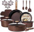 CAROTE 19 Pcs Ceramic Cookware Set, Pots and Pans Set Non Stick with Detachable Handle, RV Kitchen Cooking Set, Induction & Oven Safe, Non-Toxic, PFAS and PFOA Free, Dark Choco