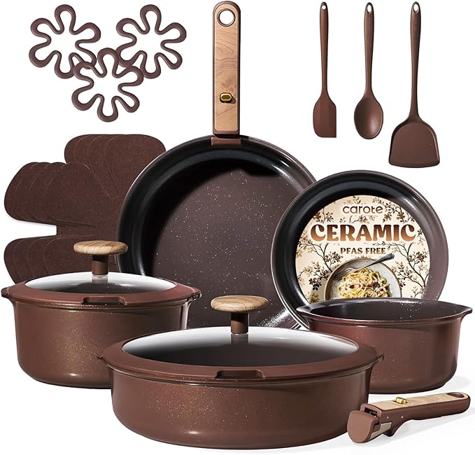 CAROTE 19 Pcs Ceramic Cookware Set, Pots and Pans Set Non Stick with Detachable Handle, RV Kitchen Cooking Set, Induction & Oven Safe, Non-Toxic, PFAS and PFOA Free, Dark Choco
