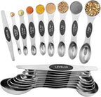 Magnetic Measuring Spoons Set Stainless Steel with Leveler, Dual-Sided Metal Measuring Spoons for Baking & Cooking, Fits in Spice Jars, Must-have Kitchen Gadgets, 8 Measuring Spoons & 1 Leveler, Black