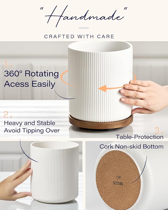 getstar Large Kitchen Utensil Holder for Kitchen Counter (H7.2” x W6.2”), Ceramic Cooking Utensil Holder with Cork Mat (White, Large(7.2") with Rotating Base)