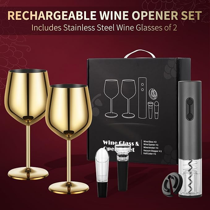 Wine Opener Electric Rechargeable, Automatic Corkscrew Set, Including Gold Wine Glass of 2, Stainless Steel Goblet, Ideal Gift for Wine Lover, Wedding, Birthday, Girl, Men