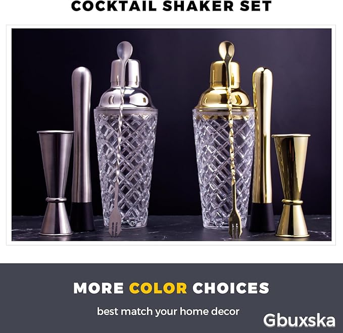 Cocktail Shaker Set, 14.2oz Glass Martini Shaker with Strainer - Includes Measuring Jigger, Mixing Spoon and Muddler - Perfect for Making Cocktails and Protein Shakes (Silver)