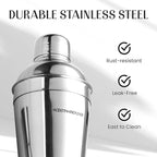 Modern Mixology Cocktail Shaker Set - Bartender Kit with Pine Stand | Leak-Proof Design | Includes Martini Shaker, Jigger, Strainer, Spoon, Tongs | Perfect Bar Tools Gift for Home Mixology (Silver)