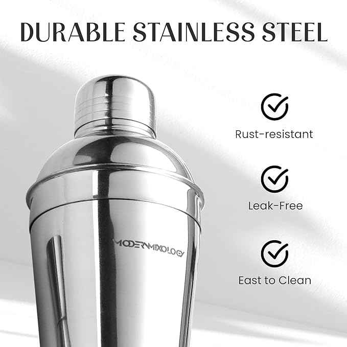 Modern Mixology Cocktail Shaker Set - Bartender Kit with Pine Stand | Leak-Proof Design | Includes Martini Shaker, Jigger, Strainer, Spoon, Tongs | Perfect Bar Tools Gift for Home Mixology (Silver)