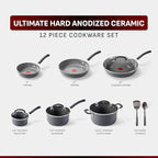 T-Fal Ultimate Hard Anodized 12-Piece Ceramic Nonstick Cookware Set, Oven Safe Up to 400°F, Ceramic Pots and Pans Set, Frying Pans, Saucepan, Stockpot, Cooking Utensils, Stone