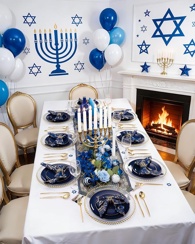 PULOTE 200 Pieces Blue Plastic Plates - Navy Blue and Gold Disposable - Include 100PCS 10 inch Dinner & 100PCS 7 inch Dessert Plate for Party & Hanukkah