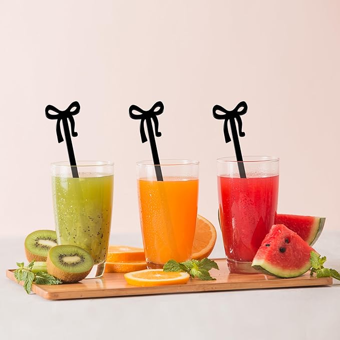 Black Bow Drink Stir Sticks 20PCS Acrylic Stirrers for Cocktail Swizzle Coffee Shirley Temple Bar Supplies Party Decorations (Black)