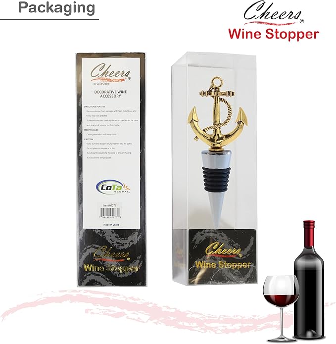 Cheers Gold Anchor Metal Wine Stopper - Elegant Vacuum Seal Reusable Nautical Ship Anchor Wine Bottle Stopper Airtight Leak Proof Bottle Topper Cork Plug, Home Decor & Bar Tool Accessory Unique Gift