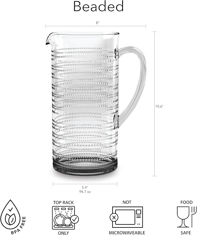Beaded 95 oz Durable Acrylic Pitcher with Handle, Shatter-Resistant and Dishwasher-Safe Indoor/Outdoor Ice Tea Jug for Juice, Lemonade, Milk, Coffee, Cold or Hot Beverages - Clear