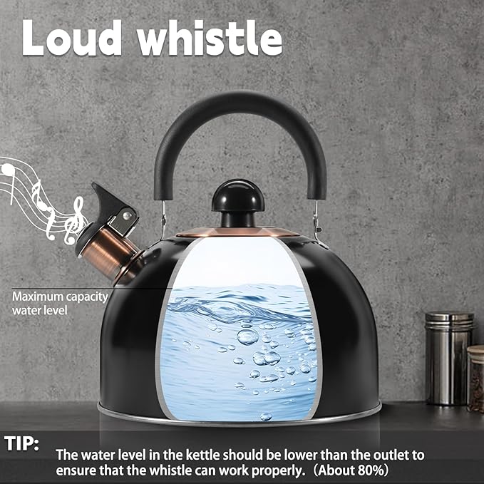Tea Kettle,Whistling Tea Kettle Stovetop 2.6 Quart, Tea Pots for Stove Top Food Grade Stainless Steel,Wood Pattern Handle(Black),With Anti Scald Towel