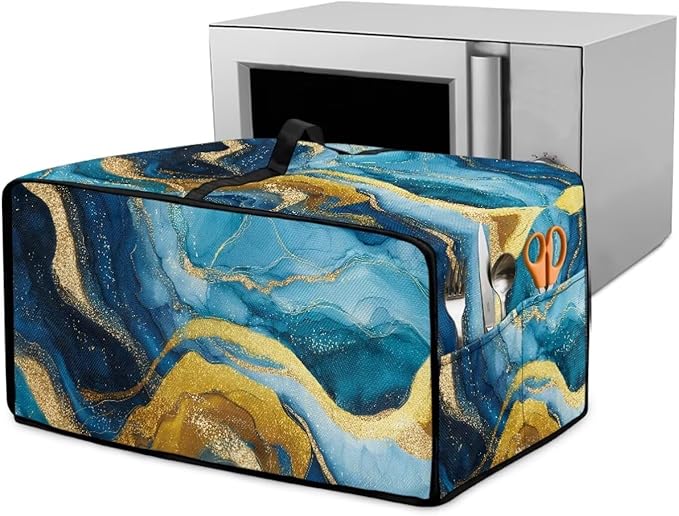 Marble Print Toaster Oven Dust Cover for Kitchen Counter, Heavy Duty Heat-resistant Microwave Oven Protective Cover Air Fryer Covers, Blue & Gold (Medium-16.1 * 19.71 * 10 inches)
