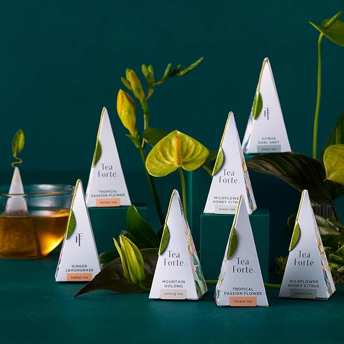 Tea Forte Demoiselle Premium Tea Presentation Box Tea Gift Sampler, 20 Count, 2 of Each Variety Individually Wrapped Handcrafted Pyramid Infuser Bags