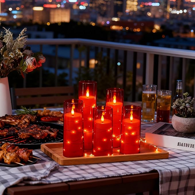 Flameless LED Candles with Timer 24 Pc Flickering Flameless Candles for Romantic Ambiance and Home Decoration Stable Acrylic Shell,with Embedded Star String，Battery Operated Candles（Red）