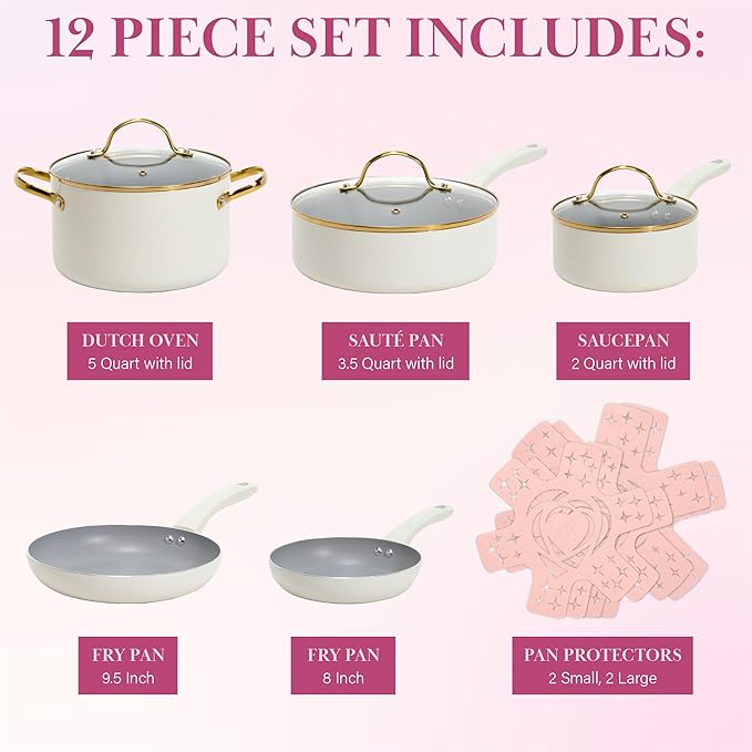 Paris Hilton Epic Nonstick Pots and Pans Set, Multi-layer Nonstick Coating, Tempered Glass Lids, Soft Touch, Stay Cool Handles, Made without PFOA, Dishwasher Safe Cookware Set, 12-Piece, Cream