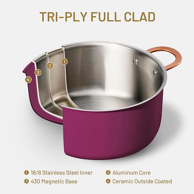CAROTE 8QT Full Clad Tri Ply Stainless Steel Stock Pot with Lid, Kitchen Stockpot Soup Pot, Outer Ceramic Layer, Even Heating, All Stoves Compatible, Oven & Dishwasher Safe, Stay Cool Handle, Purple