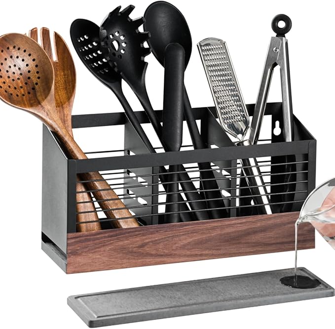 Utensil Holder for Kitchen Counter, Cooking Utensil Holder with Stone Drying Mat for Storage Spatula, Ladle, Scoop in Farmhouse Countertop with Wooden Pattern Printed, Matte Black