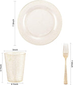 WELLIFE 150PCS Gold Dessert Plates – Gold Glitter Party Plates, Cups & Forks, Plastic Disposable Dinnerware Set for 50 Guests, Christmas, New Year’s Eve & Holiday Party Supplies