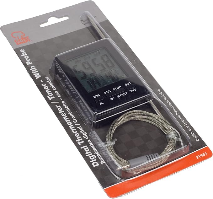 Chef Craft Select Digital Thermometer and Timer with Probe, 7 inch Probe 3 inch Timer, Black