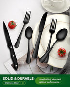 PHILIPALA Black Silverware Set, 48-Piece Flatware Set with Steak Knives for 8, Stainless Steel Mirror Cutlery Include Forks Spoons and Knives Set, Dishwasher Safe Utensils Set for Home Restaurant