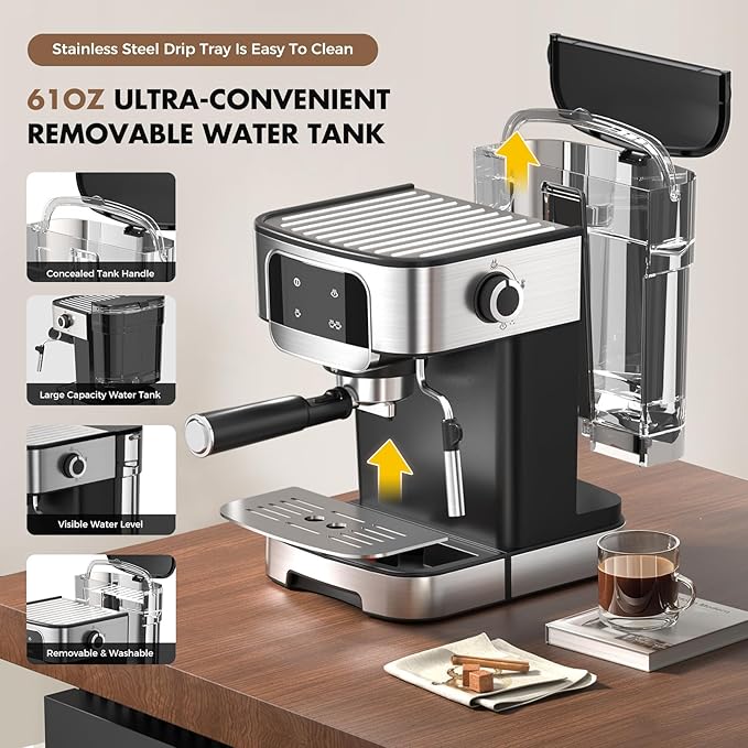 Espresso Machine 20 Bar, Professional Espresso Maker With Auto Milk Frother, Home Compact Espresso Coffee Machine With Led Touch Screen, 61OZ Removable Water Tank For Latte, Cappuccino