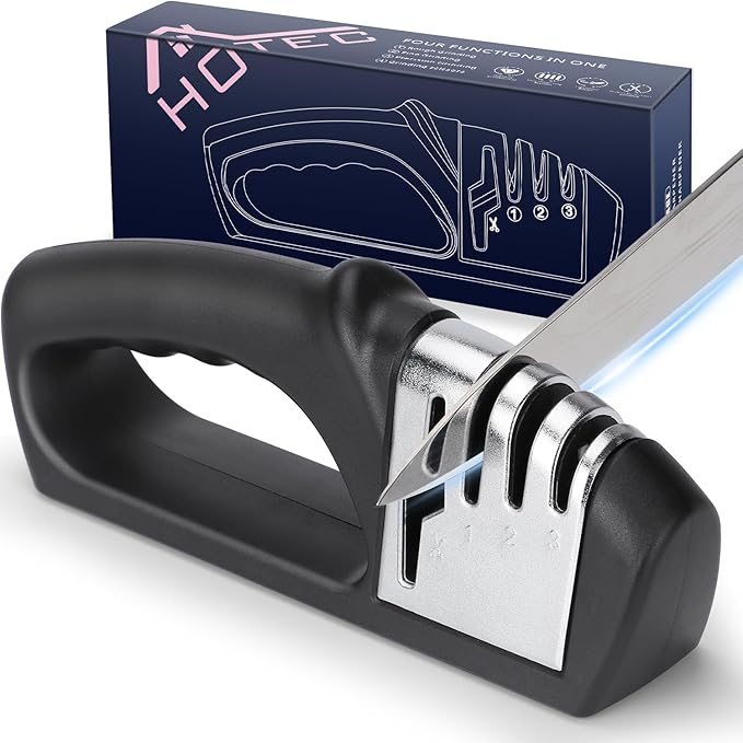 HOTEC 4in1 Knife Sharpener, 3 Stage Manual Sharpener for Sharpening Kitchen Knives 1 Stage for Scissors- Ceramic Stone, Tungsten Carbide Plates, Diamond rods