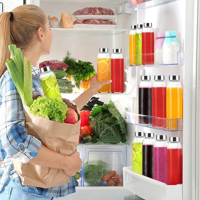 24 oz Clear Glass Bottles with Lids, Reusable Glass Water Bottles with Stainless Steel Cap for Juicing, Refrigerator,100% Leak Proof, BPA Free, Juice Water Bottle Set of 6