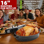 DIMESHY 16Inch Roasting Pan, Enamel on Steel, Black Covered Oval Roaster Pan with Lid, Medium Cookware for Turkey, Small Chicken, Roast Baking Pan.