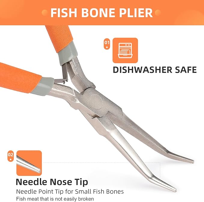 SIDAZON Fish Bone Pliers/Tweezers 6 Inches Bent nose pliers Curved Stainless Steel With Non-Slip Grip