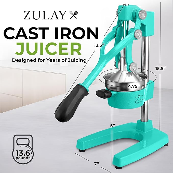 Zulay Kitchen Cast Iron Juicer - Easy-to-Clean Heavy-Duty Manual Juicer, Professional Citrus Juicer - Stainless Steel Lemon Squeezer - Manual Citrus Press & Orange Squeezer - Orange Juicer – Teal
