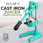 Zulay Kitchen Cast Iron Juicer - Easy-to-Clean Heavy-Duty Manual Juicer, Professional Citrus Juicer - Stainless Steel Lemon Squeezer - Manual Citrus Press & Orange Squeezer - Orange Juicer – Teal