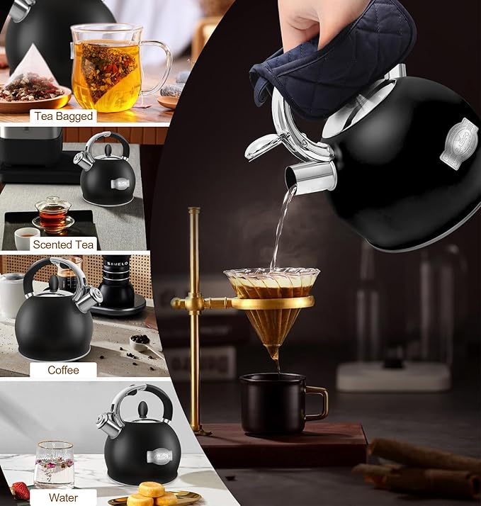 Stove Top Kettle,Whistling Tea Kettle,Premium 18/8 Food-Grade Ceramic-Coated Stainless Steel Teakettle,Vintage-Style Teapot,Includes a Hot Pad,2.64 Quart (Black)