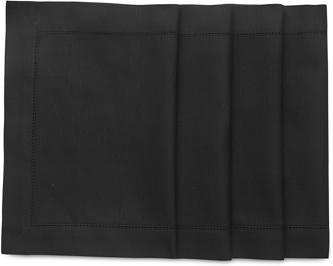 Solino Home Black Placemats Set of 4 - Cotton Linen Hemstitch Placemats 14 x 19 Inch for Winter, Holiday, New Year