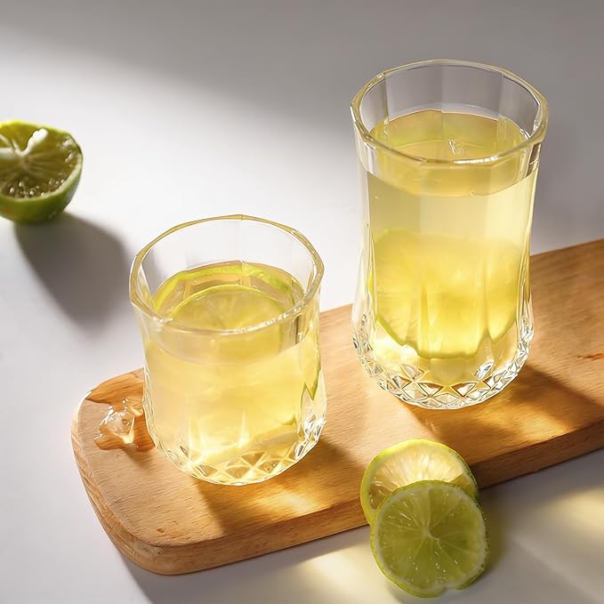 Ruckae Drinking Glasses Set of 8,11 oz and 7 oz Kitchen Water Glass Cups Set,Clear Curvature Glassware Dishwasher Safe,Mixed Drinkware for Beer,Juice,Cocktail,Whiskey,Milk and Various Mixed Drinks