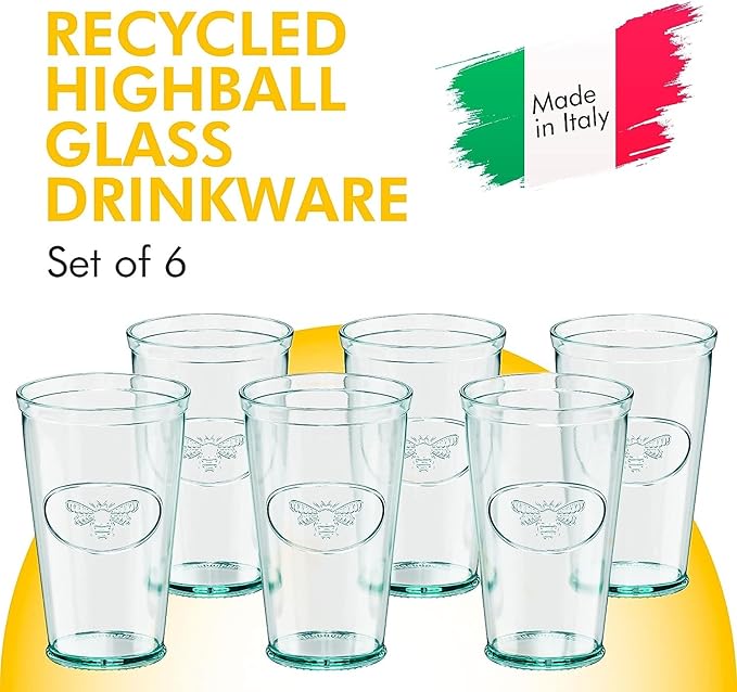 Amici Home Bee Hiball Glass | 16 Oz | Italian Made, Recycled Glass with Green Tint | Drinking Glass with Embossed Bee Design for Water, Juice, Cocktails (Set of 6)