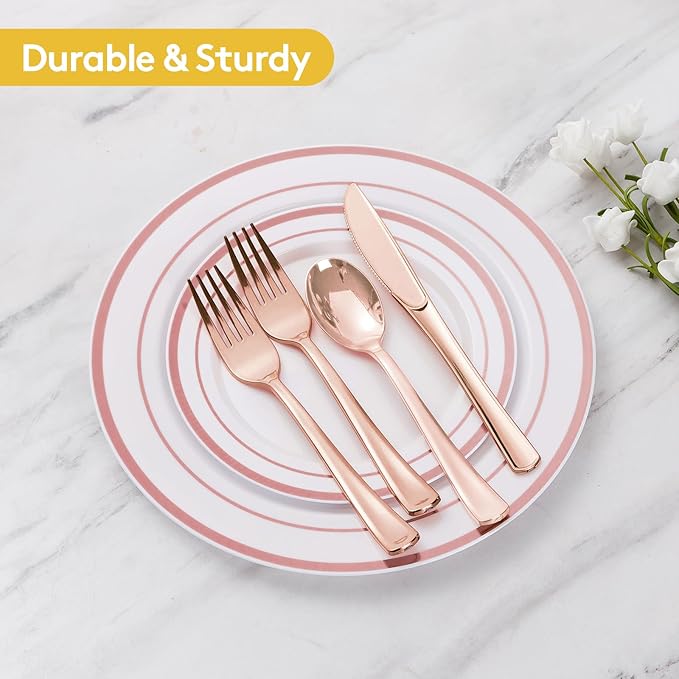Goodluck 300 Pieces Rose Gold Disposable Plates for 50 Guests, Plastic Plates for Party, Wedding, Dinnerware Set of 50 Dinner Plate, 50 Salad Plates, 50 Spoons, 50 Forks, 50 Knives, 50 Cups