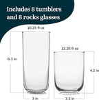 Libbey Polaris Tumbler and Rocks, Axis Glass Cups Set of 16, Elegant Mixed Drinking Glasses with Modern Clean Lines, Dishwasher Safe Glassware Set