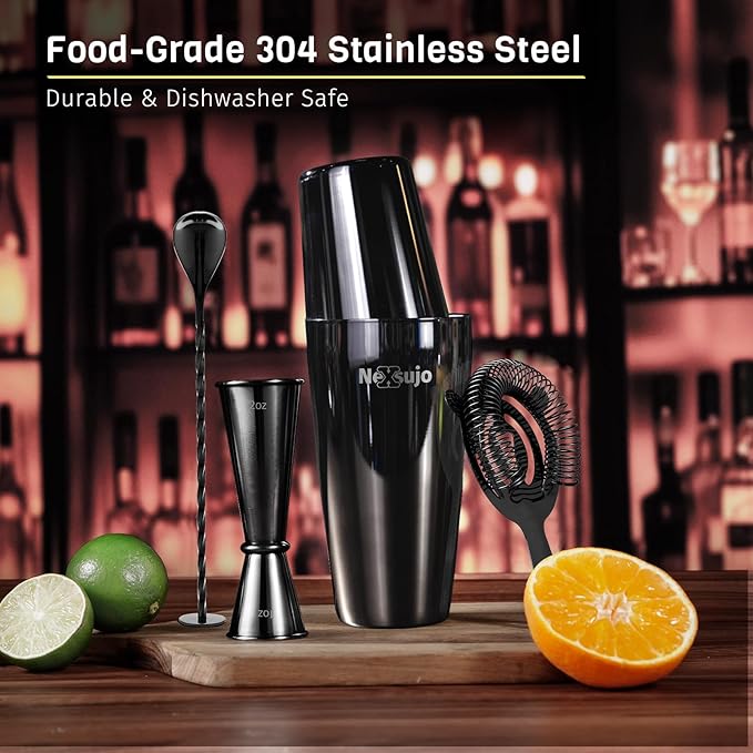 Professional Cocktail Shaker Set, 4-Piece Bar Set, Ideal Bartender Kit with Stainless Steel Boston Shaker, Jigger, Bar Spoon & Hawthorne Strainer, Dishwasher-Safe Bar Tools Set, Black