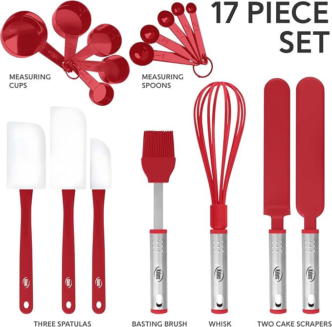 Silicone Spatula Set, 17 Piece Baking Utensils, Nylon and Stainless Steel, Non Stick and Heat Resistant Bakeware set New Baker's Gadget Tools Collection