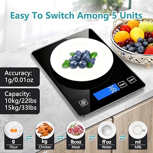 Food Kitchen Scale, Digital Food Scale 22lb/10kg Digital Kitchen Scale Precisely Measures Grams and Ounces for Meal Prep Baking and Cooking, 304 Stainless Steel Kitchen Scale LCD Display
