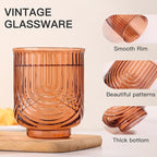 JOVGANK Amber Vintage Drinking Glasses Set of 6-14Oz Brown Glass Drinking Glasses, Art Deco Ripple Highball Glass, Whiskey Cocktail Glasses for Bar Coffee Juice, Housewarming and Mother's Day Gift