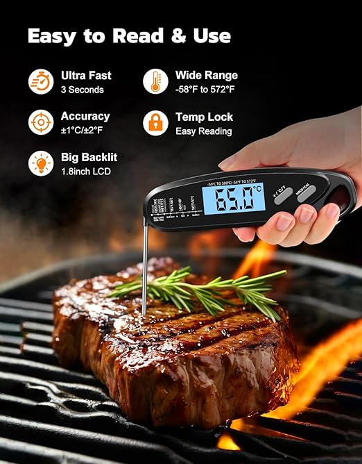 Instant Read Meat Thermometer Digital with Dual Probe, Food Thermometer for Cooking & Grilling, Large Backlit & Calibration, Grill Thermometer for Outside/Kitchen/Oven//Smoker/BBQ/Baking, Black
